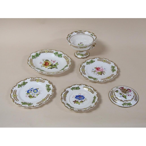 182 - A 19c H & R Daniels part service, hand painted with flowers, each a different design within a moulde... 