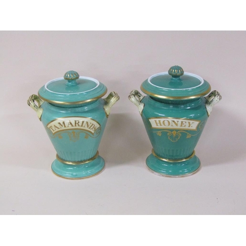 184 - A pair of 19c Samuel Alcock & Co Cobridge Staffordshire earthenware pharmacy jars and covers, two ha... 