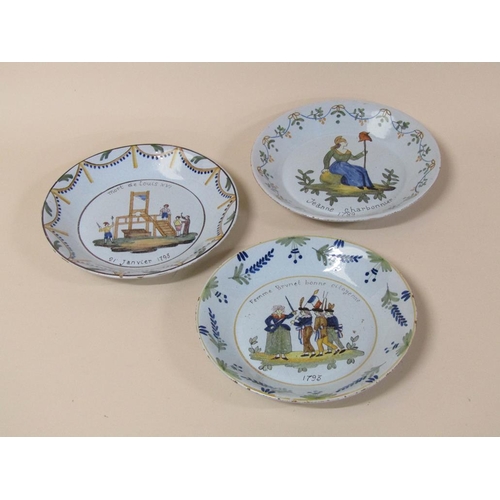 186 - Three French faience commemorative revolution plates including Execution of Louis XVI, 23.5cm diam.