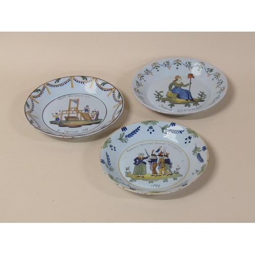 186 - Three French faience commemorative revolution plates including Execution of Louis XVI, 23.5cm diam.