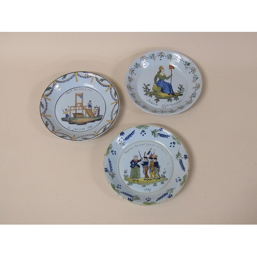 186 - Three French faience commemorative revolution plates including Execution of Louis XVI, 23.5cm diam.