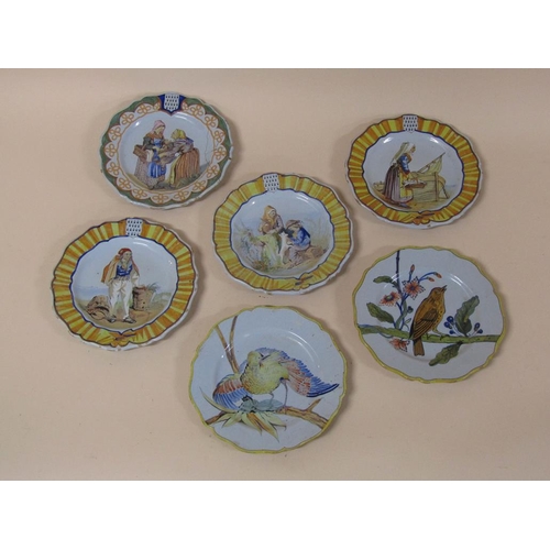 187 - A collection of six 19c French faience plates, two hand painted with birds, 23cm w, and four painted... 