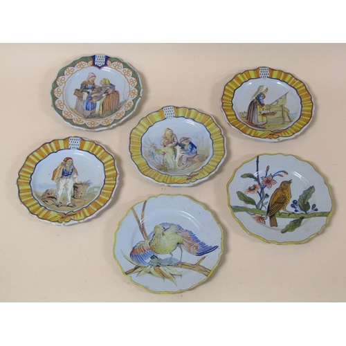 187 - A collection of six 19c French faience plates, two hand painted with birds, 23cm w, and four painted... 