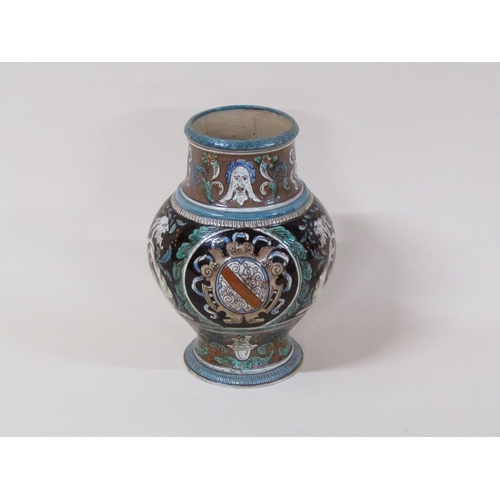 188 - A 19c Italian majolica vase of baluster form, decorated with griffins, shields and foliate decoratio... 