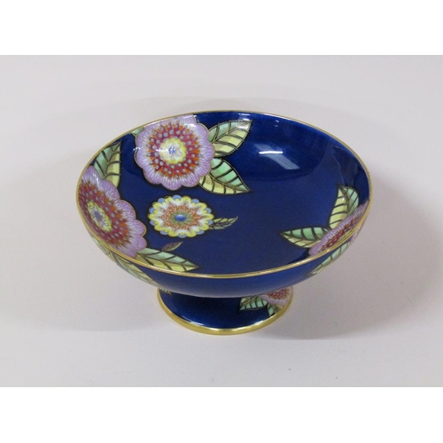 189 - An Art Deco Carltonware pedestal bowl, decorated on a blue ground with single flower heads in enamel... 