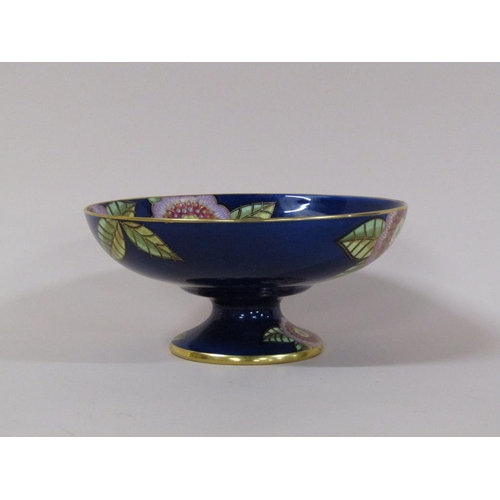 189 - An Art Deco Carltonware pedestal bowl, decorated on a blue ground with single flower heads in enamel... 