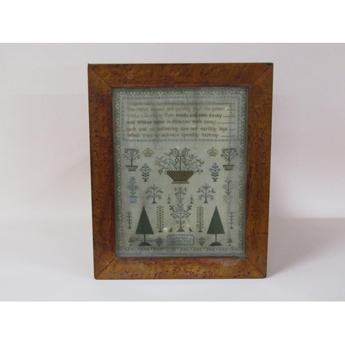 201 - An early 19c alphabetical needlework sampler with verse and a panel of trees, flowers and birds, by ... 