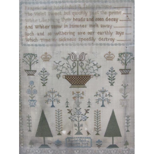 201 - An early 19c alphabetical needlework sampler with verse and a panel of trees, flowers and birds, by ... 