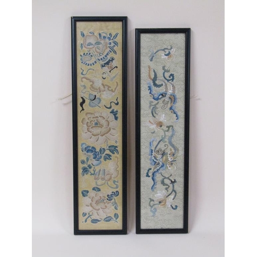 203 - Two late 19c/early 20c Oriental silk work panels with leaf, flowers, scroll work and insects, 152cm ... 