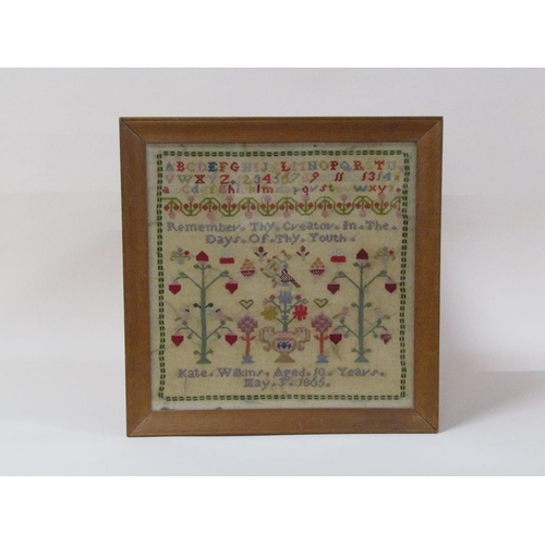 204 - A mid 19c needlework alphabetical and numerical sampler with verse and a panel of flowers and a bird... 