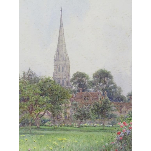 214 - E Arthur Rowe - Salisbury spire from the meadow, signed, watercolour, framed and glazed, 32cm x 23cm... 