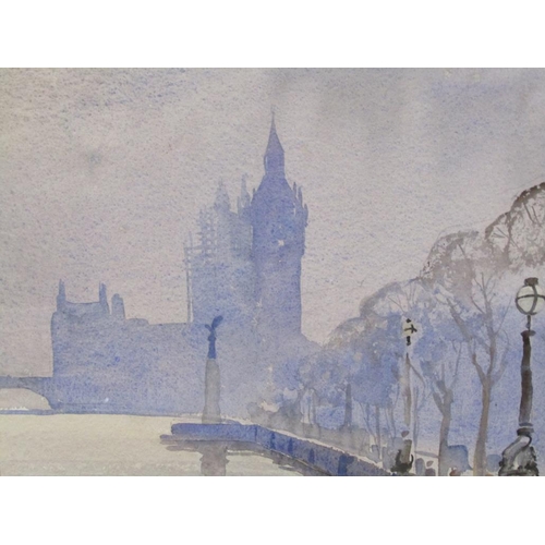 217 - Eliot O'Hara - London embankment, Big Ben, Houses of Parliament with scaffolding, c.1930, signed wat... 