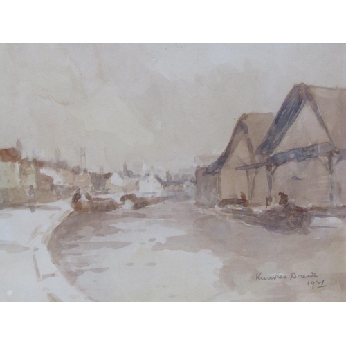 219 - Knowles Drewe - A view past a long canal from Castle Street to boat yard, Berkhamsted, signed waterc... 