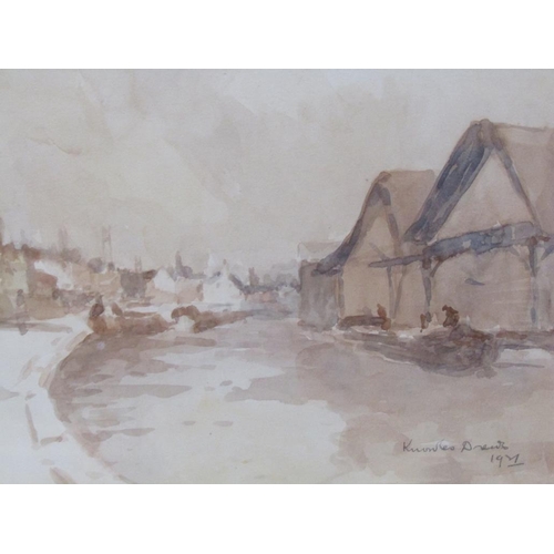 219 - Knowles Drewe - A view past a long canal from Castle Street to boat yard, Berkhamsted, signed waterc... 