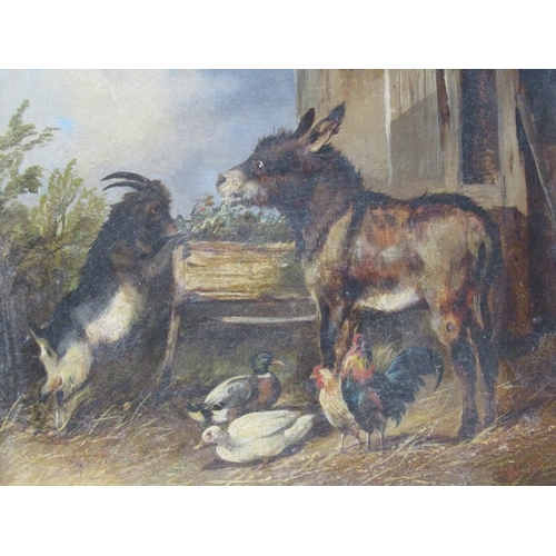 225 - W.W. Morris 1857 - The donkey and the goat feeding, accompanied by chickens and ducks, signed oil on... 