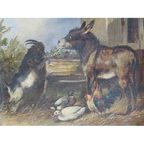 225 - W.W. Morris 1857 - The donkey and the goat feeding, accompanied by chickens and ducks, signed oil on... 