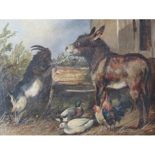 225 - W.W. Morris 1857 - The donkey and the goat feeding, accompanied by chickens and ducks, signed oil on... 