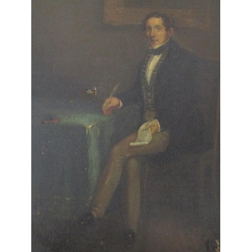 229 - Unsigned late 18c/early 19c - Portrait of a seated Regency period gentleman at a table accompanied b... 