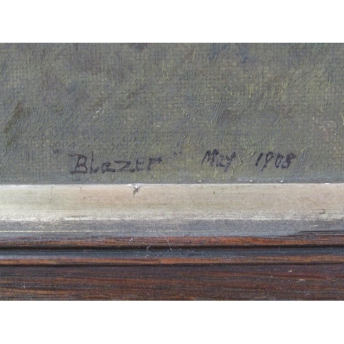 231 - Unsigned - Blazer, May 1908, portrait of a horse, oil on canvas, framed, 17cm x 29cm.