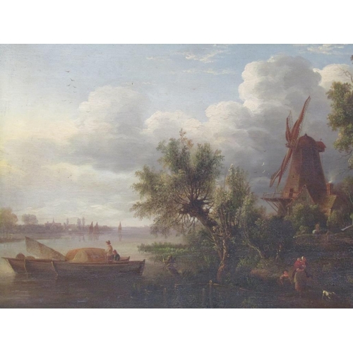 233 - Unsigned late 18c/early 19c - East Anglian subject with cattle watering and windmill in distance, oi... 