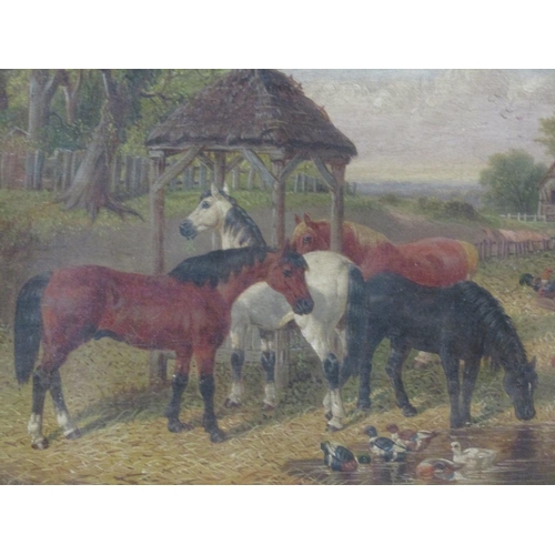 234 - J.F Herring Jnr - Four horses in a farmyard setting with chickens and ducks, signed, oil on canvas, ... 