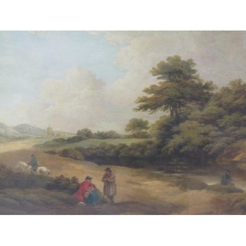 235 - George Morland - Landscape with man fishing at a stream with mother and child and gentleman, and gen... 