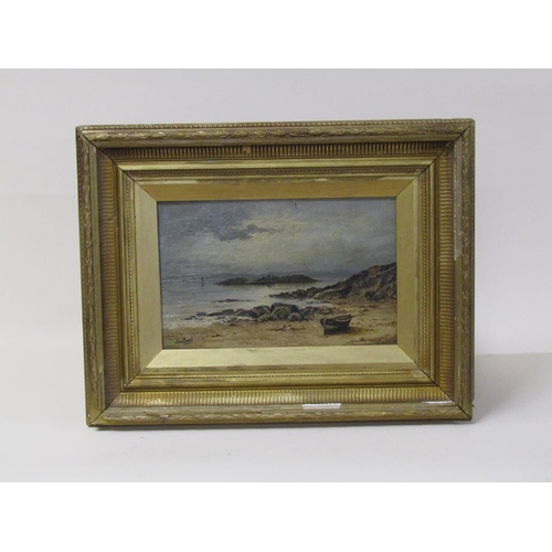 238 - Sam Bough - A rocky coastline with an island offshore, signed, oil on board, framed, 19cm x 30cm.