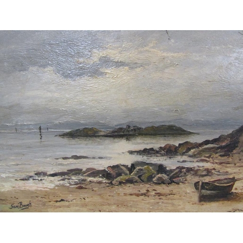 238 - Sam Bough - A rocky coastline with an island offshore, signed, oil on board, framed, 19cm x 30cm.