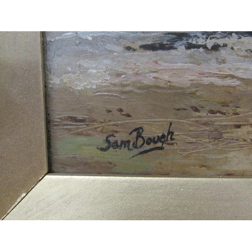 238 - Sam Bough - A rocky coastline with an island offshore, signed, oil on board, framed, 19cm x 30cm.