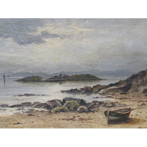 238 - Sam Bough - A rocky coastline with an island offshore, signed, oil on board, framed, 19cm x 30cm.