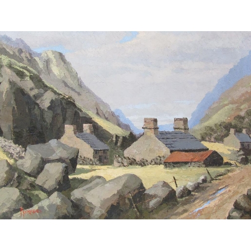 239 - G.J Muirhead - Slate roof cottages in the Highlands, signed 'Muirhead', oil on canvas, framed 49.5cm... 