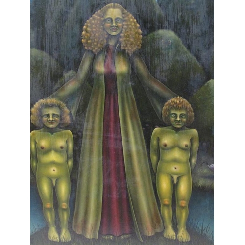 240 - P.J Crook - A contemporary mother and two children in green, signed, oil on panel, framed, 57cm x 41... 