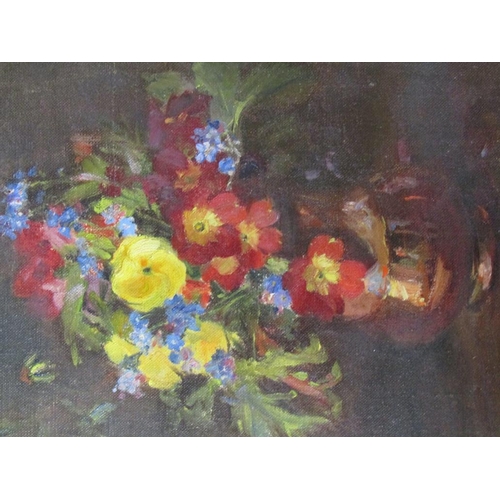 243 - Kate Wylie - A vase of spring flowers, signed, oil on  canvas on board, framed, 27cm x 22cm.