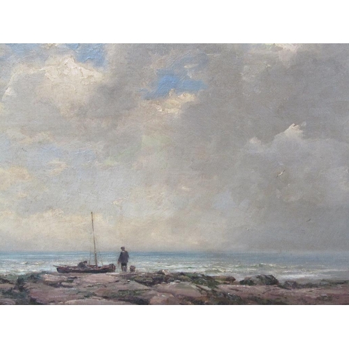 244 - Wycliffe Egginton - Inshore fishing boat with two men on the edge of a rocky foreshore, signed, oil ... 