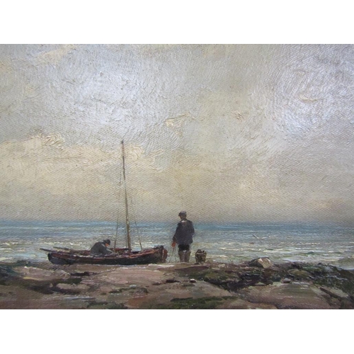 244 - Wycliffe Egginton - Inshore fishing boat with two men on the edge of a rocky foreshore, signed, oil ... 