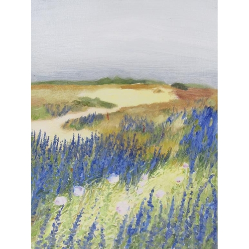 245 - Brian Yale 86 - Flowers on the dunes, signed oil on panel, framed,  31cm x 22cm.