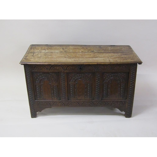 265 - A late 18c/early 19c oak three panel coffer with profusely carved panels and frieze, wire hinged cov... 