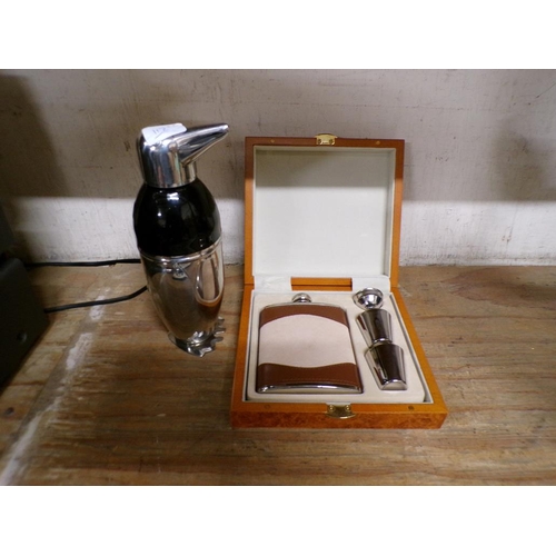 102 - ART DECO STYLE PENGUIN COCKTAIL SHAKER AND A HIP FLASK SET