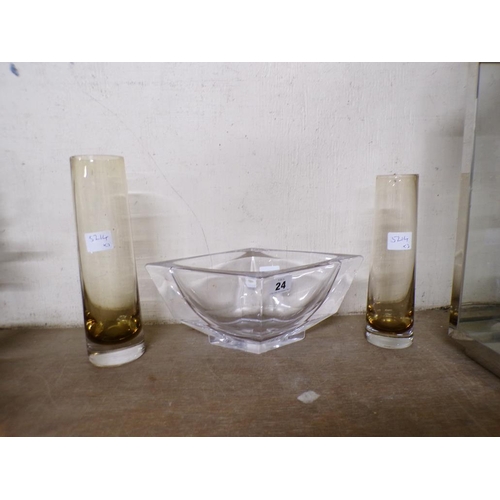 24 - TWO ART GLASS VASES AND A BOWL