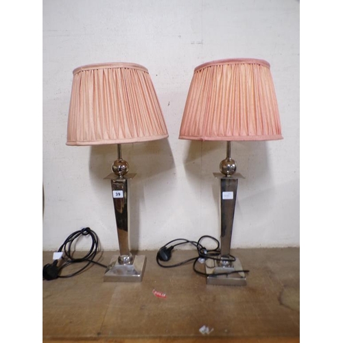 39 - PAIR OF CHROME TYPE TABLE LAMPS AND SHADES