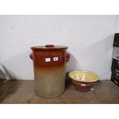 41 - STONEWARE BREAD BIN AND A TERRACOTTA MIXING BOWL