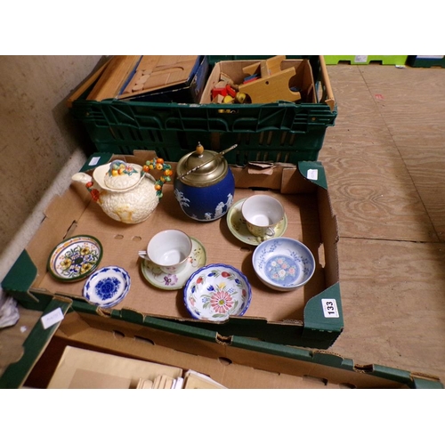 133 - BOX OF PORCELAIN AND CHINA TO INC. CLARICE CLIFF CELTIC HARVEST TEAPOT