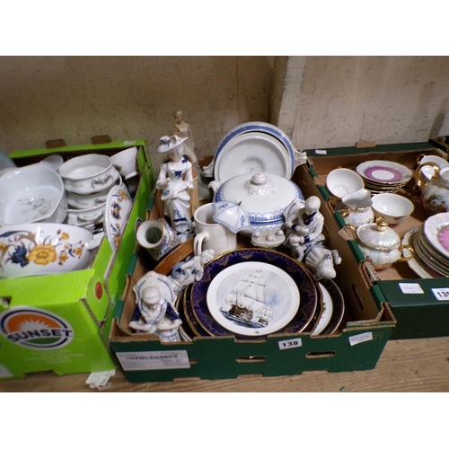 138 - BOX OF MIXED CERAMICS, TEA AND TABLEWARES, PORCELAIN FIGURES