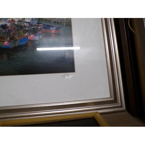 156 - PHOTOGRAPHIC PRINTS, FRAMED OIL AND A TILE