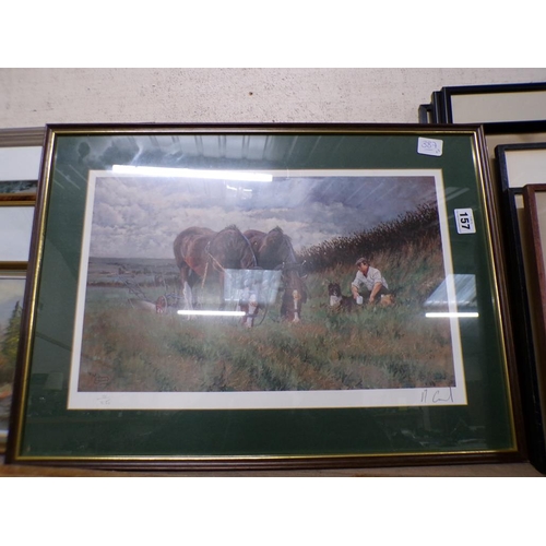 157 - COLLECTION OF FRAMED PRINTS AND A WATERCOLOUR OF A WINTER SCENE, JOHN CHALKLEY