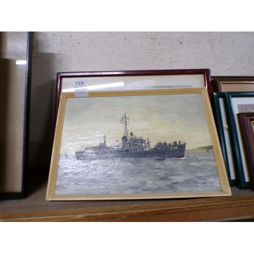 159 - FRAMED OIL ON BOARD OF A BATTLESHIP AND NAVAL PHOTOGRAPHIC PRINTS