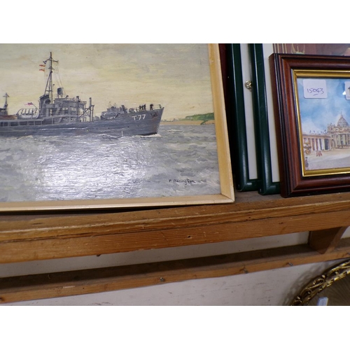 159 - FRAMED OIL ON BOARD OF A BATTLESHIP AND NAVAL PHOTOGRAPHIC PRINTS