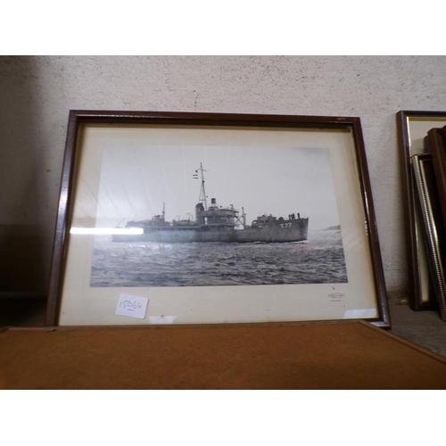 159 - FRAMED OIL ON BOARD OF A BATTLESHIP AND NAVAL PHOTOGRAPHIC PRINTS