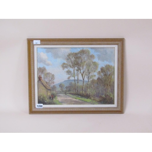 1200 - UNSIGNED - COTTAGE AND FIGURES BY A ROADWAY IN A RURAL SETTING, OIL ON CANVAS, FRAMED, 27CM X 37CM