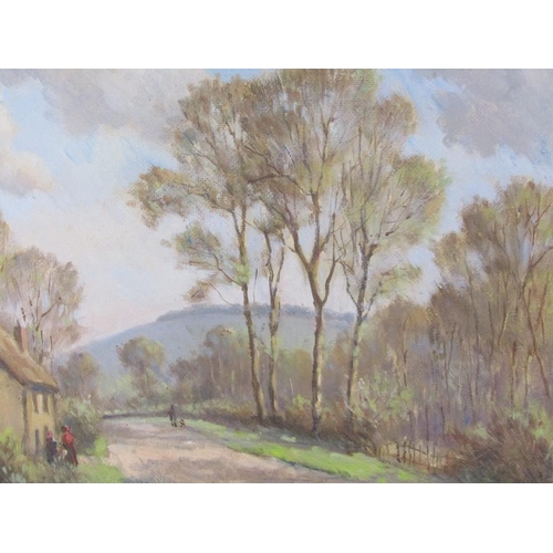 1200 - UNSIGNED - COTTAGE AND FIGURES BY A ROADWAY IN A RURAL SETTING, OIL ON CANVAS, FRAMED, 27CM X 37CM